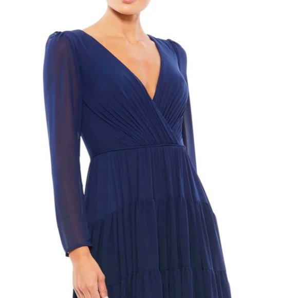 MAC DUGGAL 55311 LONG SLEEVE RUFFLE TIERED MIDNIGHT NAVY GOWN sz 8 - Picture 2 of 3
